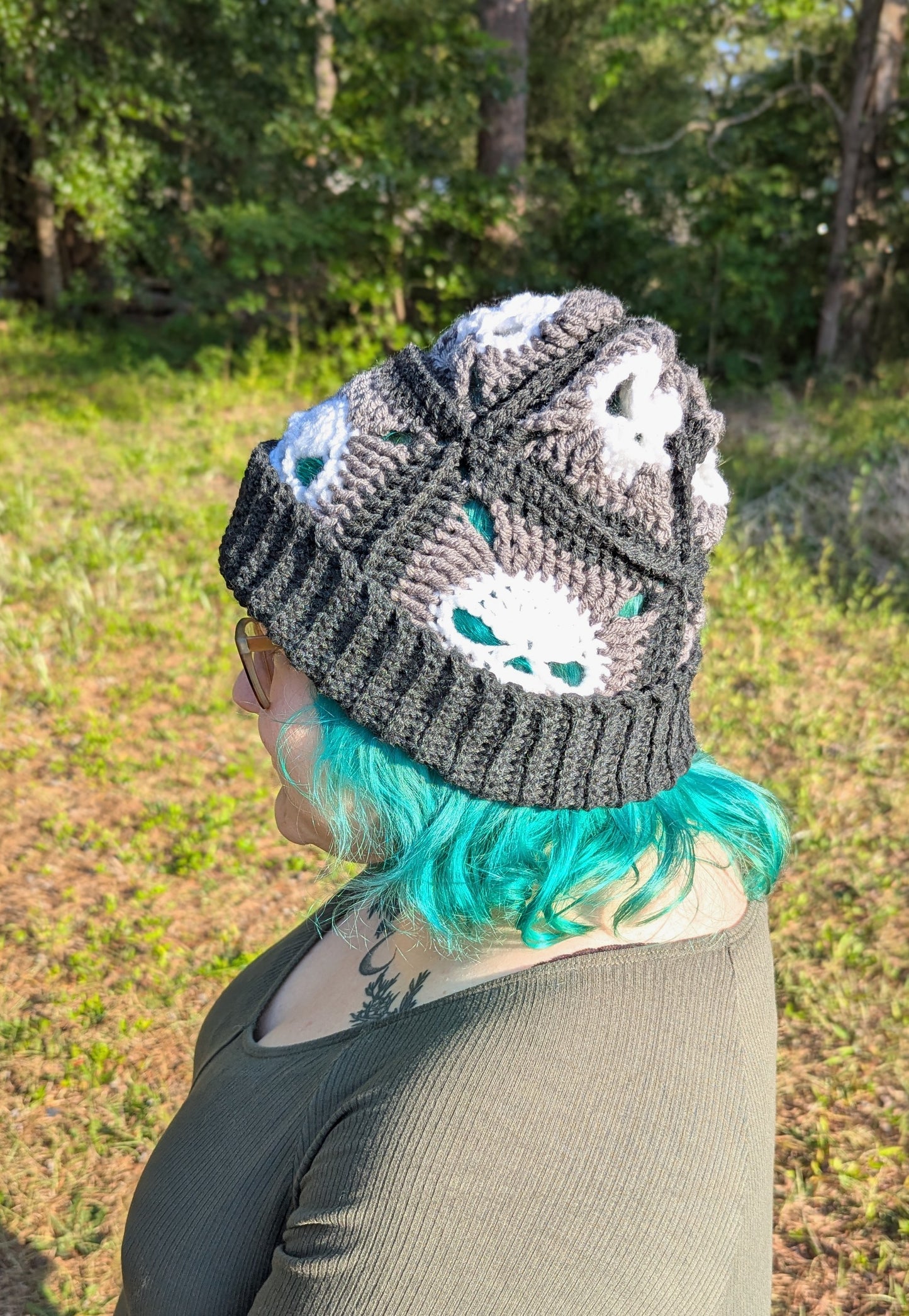 Skull Granny Square Ribbed Brim Beanie