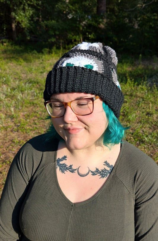 Skull Granny Square Ribbed Brim Beanie