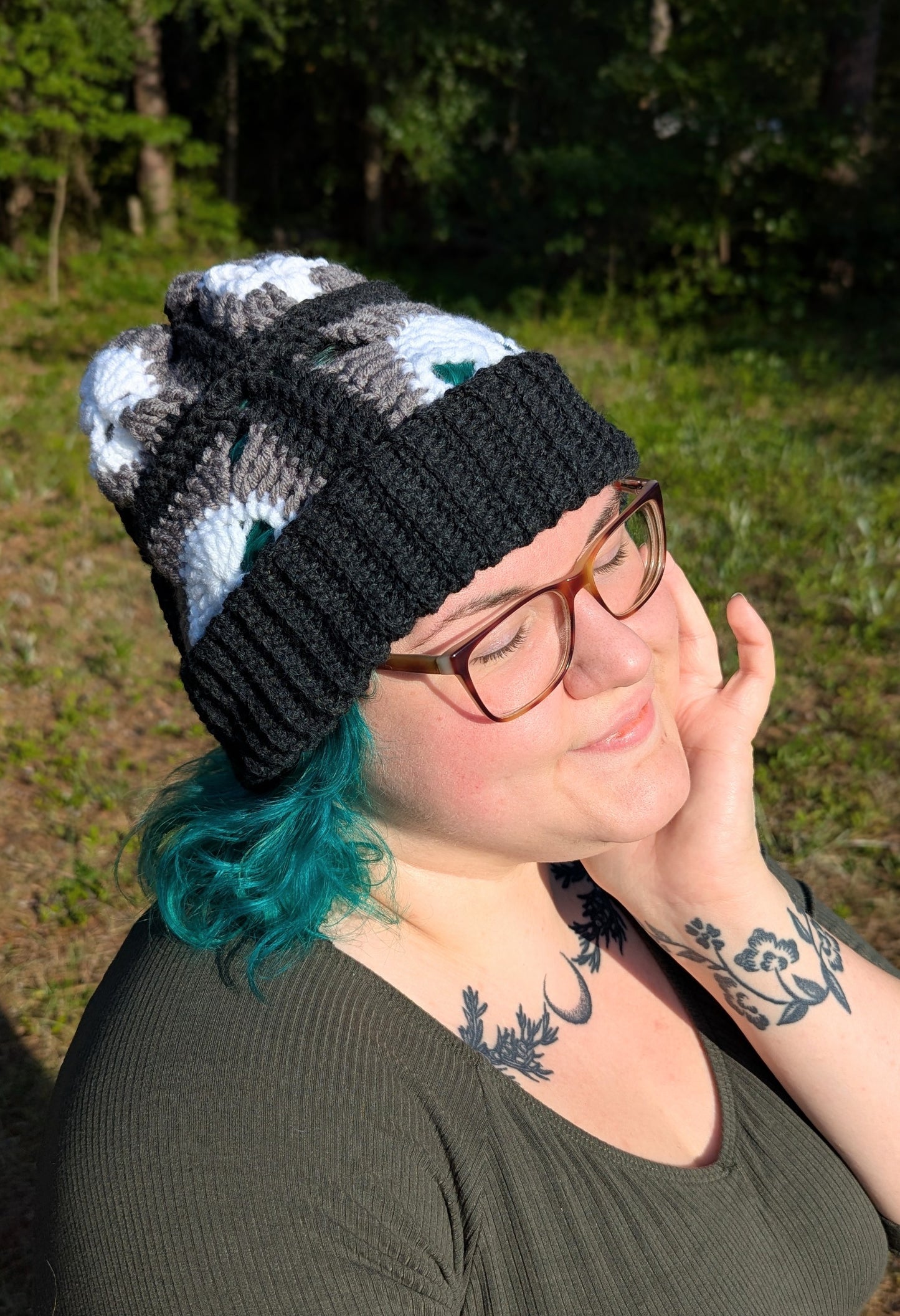 Skull Granny Square Ribbed Brim Beanie